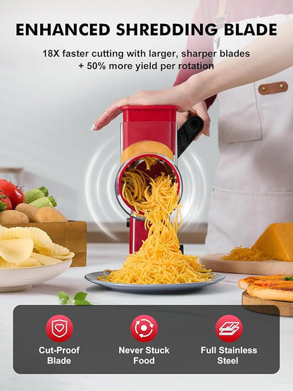 GDL Rotary Cheese Grater Hand Crank - Upgraded Cheese Shredder with 4 Interchangeable Blades, Rotary Grater with Non-slip Suction Base, Easy to Clean Kitchen Grater Slicer Grinder for Vegetable Nuts