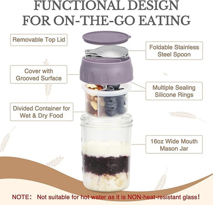 SOLIGT 2 Pack Overnight Oats Containers with Lids, Folding Spoons and Divided Compartments for Fruit & Nuts, Small Glass 16oz Mason Jars for Oatmeal Yogurt Parfait