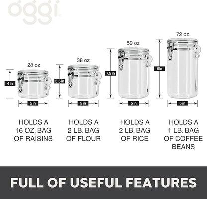 Oggi 4pc Clear Canister Set with Clamp Lids Airtight Containers in Sizes Ideal for Kitchen & Pantry Storage of Bulk, Dry Foods Including Flour, Sugar, Coffee, Rice, Tea, Spices & Herbs (Pack of 3)