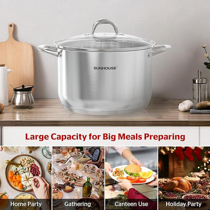 SUNHOUSE 15.5 -Quart Stainless Steel Stockpot – Heavy-Duty Induction Pot with Lid and Riveted Handles – Ideal for Soup, Seafood, Stock, Canning, and Catering for Large Groups and Events