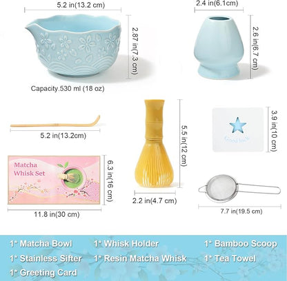 6pcs Matcha Whisk Set Includes Resin Matcha Whisk,Ceramic Matcha Bowl Set and Sifter,Matcha Whisks Holder,Natural Bamboo Spoon and Tea Towel for Matcha Starter Kit Lovers (Blue)
