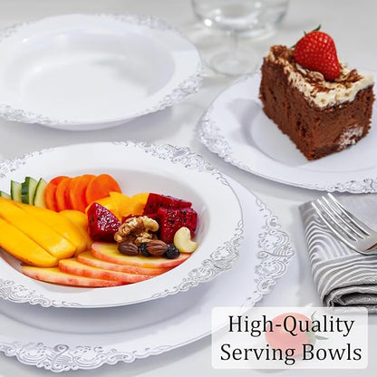 Nervure 50PCS White Plastic Bowls with Silver Rim - 12oz Disposable Soup Bowls, Heavy Duty Salad Ice Cream Bowl Perfect for Weddings, Parties and Everyday Use