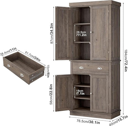FOTOSOK 72" Kitchen Pantry Storage Cabinets with Drawer, Freestanding Cupboard with 4 Doors, Drawer, 4 Shelves, Utility Pantry Cabinet for Kitchen, Dining Room, Living Room, Ash Grey