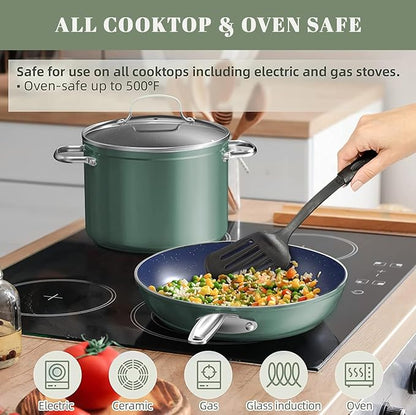 Nuwave 7pc Cookware Set Healthy Duralon Blue Ceramic Nonstick Coated, Diamond Infused Scratch-Resistant, PFAS Free, Oven Safe, Induction Ready & Evenly Heats, Tempered Glass Lids & Stay-Cool Handle