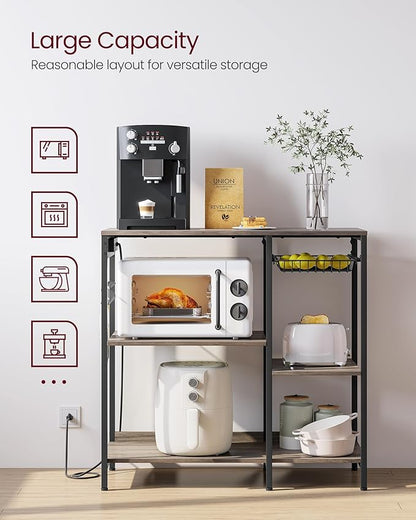 VASAGLE Baker's Rack, Coffee Bar Stand with Charging Station, Storage Shelves, Pull-Out Wire Basket, Table for Microwave, Kitchen, Greige UKKS036K02, 15.7 x 35.4 x 35.6 Inches