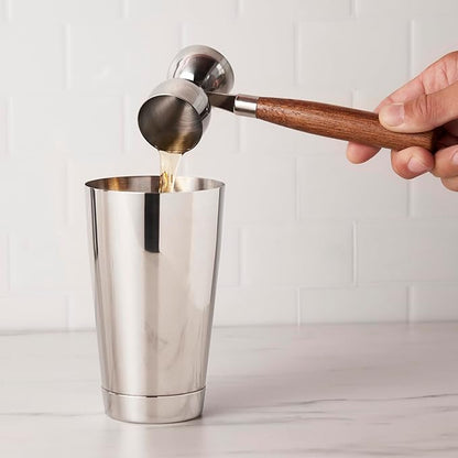 True Double Jigger with Acacia Handle, Bar Supplies, Drink Tools, Craft the Perfect Cocktails, 1oz & 1.25oz Capacities, Stainless Steel