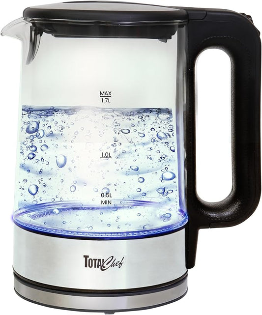 Total Chef Electric Glass Kettle 1.7L – Fast Boil, BPA-Free Borosilicate Glass, LED Light, Auto Shut-Off, Boil-Dry Protection, Cordless Water Boiler for Tea & Coffee, Kitchen Appliance