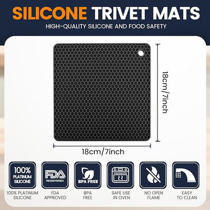 Silicone Trivet Mats 4 Heat Resistant Pot Holders Multipurpose Non-Slip Hot Pads for Kitchen Potholders, Drying mat, Jar Opener, Spoon Holder, Coaster.(Dark Black)