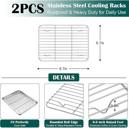 E-far Small Baking Sheet with Wire Rack (2 Pans + 2 Racks), Stainless Steel Cookie Sheets Trays & Cooling Rack for Toaster Oven, Non Toxic & Warp Resistant, Oven & Dishwasher Safe, 9.4 x 7.3 x 1 Inch