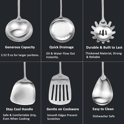 304 18/10 Stainless Steel Kitchen Utensils Set 9 Pcs Long Cooking Utensil, Spatula, Soup spoon, Leaking shovel, Ladle, Tunner, Pasta Server, Meat Fork Kitchen Tools Set (9 Pieces Set)