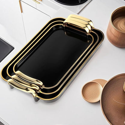 Serving Tray with Handles Set of 3 Rectangular Large Serving Platters 16.5/14.9/13.2 Inch White Plates for Dinner, Party, Entertaining, Black Gold