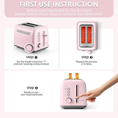 BUYDEEM DT620 2-Slice Toaster, Extra Wide Slots, Retro Stainless Steel with High Lift Lever, Bagel and Muffin Function, Removal Crumb Tray, 7-Shade Settings,Pink