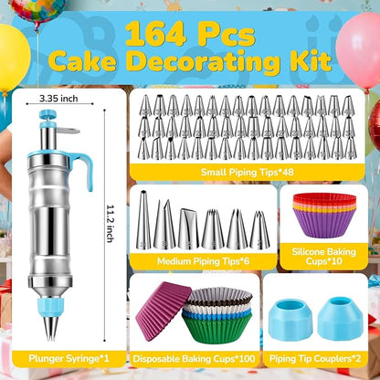 Cake Decorating Tools Supplies Kit: 164pcs Baking Accessories - Piping Bags and Icing Tips Set - Puffs Cupcake Frosting Piping Bakery Set for Adults Beginners or Professional, Blue