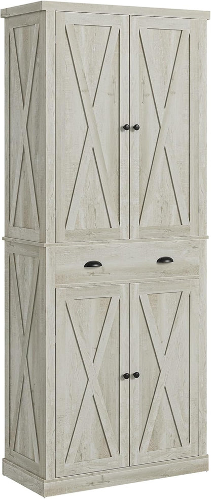 IRONCK Kitchen Pantry Storage Cabinet 83.9" H, with Barn Doors, Drawer, 4 Adjustable Shelves, Freestanding Cupboard for Dining Room Living Room, Laundry, Rustic Maple