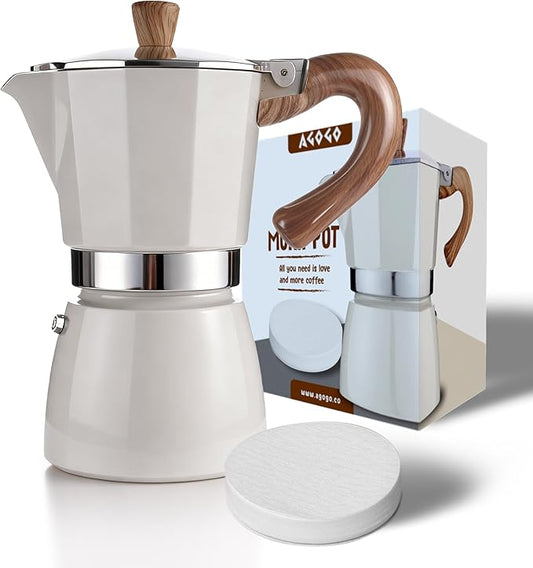 AGOGO Milano Moka Pot, Stovetop Espresso Maker, Greca, Coffee Percolator, Turkish Coffee Maker with Paper Filter, 6 Cup, Cream Color