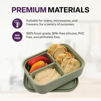 Silicone Bento Box, 3 Removable Compartments, BPA-Free, Leak-Resistant, Dishwasher and Microwave Safe, Perfect for Work, Travel & Meal Prep, (Green)