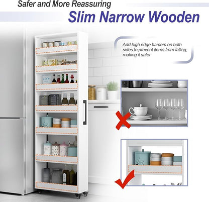 7-Tier Slim Storage Cart, Wooden Rolling Pantry Cabinet with Wheels, Narrow Shelf Organizer for Kitchen, Bakers Rack, Dining Room, Closet, Small Spaces Warm White 73.2" H*9.8" W*23.6" D