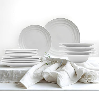 Pots & Patterns White Dinner Plates. Porcelain Dinnerware Set for 4-12-Piece Chip Resistant Plates and Bowls Sets