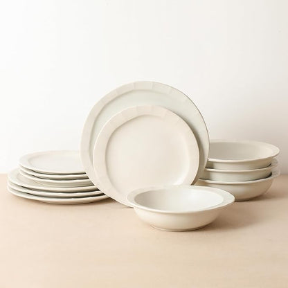 Stone Lain Oasis 12-Piece Dinnerware Set Stoneware, Dishwasher and Microwave Safe Plates and Bowls Set, Dish Set for 4, White