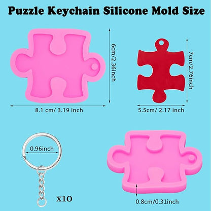 2 Pieces Puzzle Silicone Mold Handmade Puzzle Keychain Mold Silicone Baking Mold with Hole and 10 Pieces Key Rings for DIY Keychains, Chocolate, Cake, Pudding, Ice Cream, Jelly