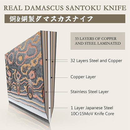 SHAN ZU Damascus Santoku Knife 7 inch, Japanese Kitchen Knives Copper & Damascus Steel High Carbon 33 Layer Hand Forged Ultra Sharp Utility Chef Knife Professional Carving Knife with Maple Wood Handle