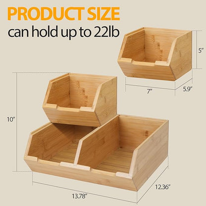 Pantry Storage Bins 3-Pack, Stackable Bamboo Containers for Potato & Onion Storage, Kitchen Organization & Decor (3pack)