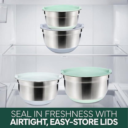COOK WITH COLOR Stainless Steel Mixing Bowls Set with Lids - Nesting Bowls with Non-Slip Bottom, Sage, 12 Pieces