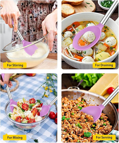 Pack of 2 Large Silicone Cooking Spoons,Non Stick Solid Basting Spoon,Heat-Resistant Kitchen Utensils for Mixing,Serving,Draining,Stirring (PURPLE)