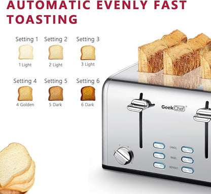 Toaster 4 Slice, Geek Chef Stainless Steel Toaster with Extra Wide Slots，4 Slot Toaster with Bagel/Defrost/Cancel Function, Dual Control Panel of 6 Toasting Bread Shade Settings, Removable Crumb Trays, High Lift Lever, ETL