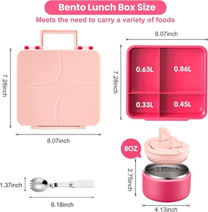 Bento Lunch Box for Kids with 8oz Soup Thermo,Kids Leakproof Lunch Food Containers with 4 Compartment,Kid Insulated Thermo Hot Food Jar for School,Trvael-Pink
