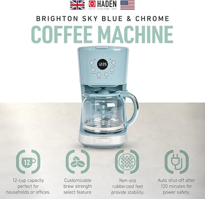 Haden Brighton Coffee Machine, 12 Cup Programmable Drip Coffee Maker with Auto Shut-Off Function and Reusable Washable Water Filter, Sky Blue & Chrome