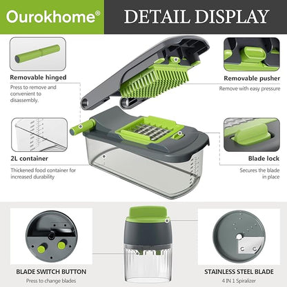 Ourokhome Onion Chopper Dicer with Container, Manual Food Cutter with Handheld Veggie Spiral, Hand Vegetable Mandolin slicer for Potato, Tomato, Carrot, Essential Kitchen Gadget (6 in 1, Gray)