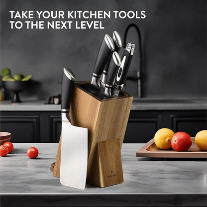 Navaris Wooden Kitchen Knife Block with Holder - Holds a Chopping Board, Phone or Tablet - Acacia Angled Design, 12.5 x 18.7 x 26.2 cm (4.9" x 7.4" x 10.3")