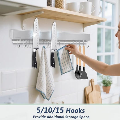 23 Inch Magnetic Knife Holder for Wall - Stainless Steel Magnet Knife Strip No Drill with 15 Hooks/Adhesive Tape/Screws, Kitchen Utensil Holder, Magnetic Knife Organizer, Wall Mounted Knife Storage