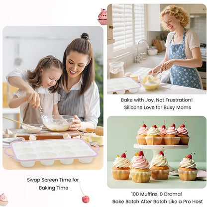 Silicone Muffin Pans for Baking 1 Pack, 2.6 Inch with Metal Reinforced Frame, Regular Size Nonstick Silicone Cupcake Pan for Baking Homemade Muffins, Cupcakes, Dishwasher Safe BPA Free-Pink