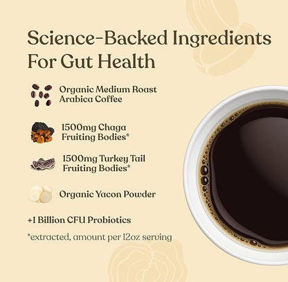 Four Sigmatic Gut Health Organic Ground Coffee | Medium Roast, Immune Boosting Probiotic Mushroom Coffee with Chaga & Turkey Tail for Gut Health & Immune Support | 12oz Bag