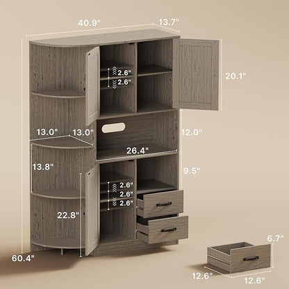 Gizoon 60.4" Pantry Cabinet with Coffee Bar, Tall Kitchen Pantry Storage Cabinet with Microwave Stand and 2 Drawers, Farmhouse Hutch with 4 Open Tiers for Dining Room and Kitchen Organization, Grey
