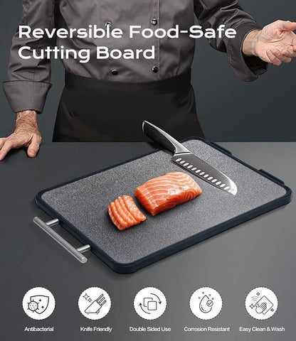 Titanium Cutting Board for Kitchen, Double Sided Non Toxic Cutting Board with Grinding Zone, Food-Grade Metal Chopping Board Pure Titanium & Wheat Straw PP Space Saving (14.5”×11”, 1 PC)