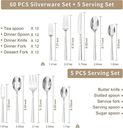 KINGSTONE Silverware Set with Serving Utensils, 65-Piece Forged Flatware Set Cutlery Set Premium Stainless Steel, Service for 12, for Kitchen, Home, Wedding, Party, Mirror Polished and Dishwasher Safe