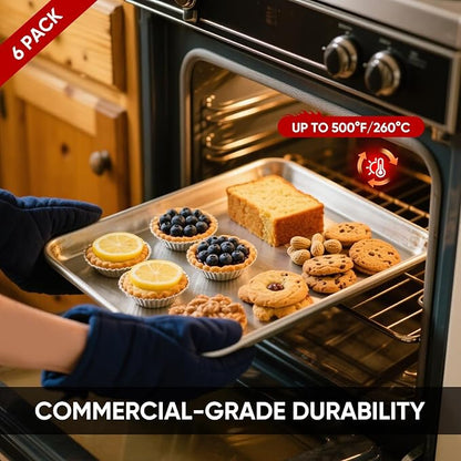 TENUP 6 Pack Aluminum Full Sheet Pan, 26" x 18" Heavy Duty Commercial Baking Tray Reinforced Rim, Warp-Resistant Rust-Free