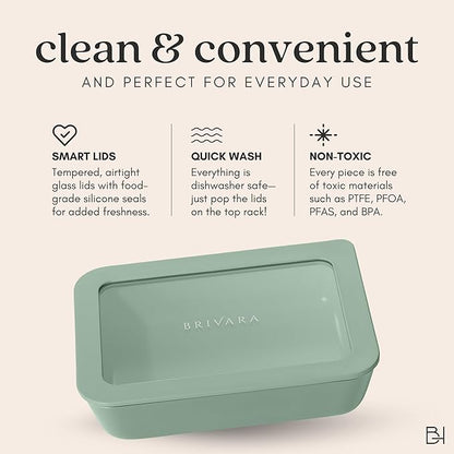 Ceramic Coated Glass Food Storage Container | No PTFE, PFOA, PFAS, and BPA | Reusable Non Toxic Meal Prep Container with Glass Lid | Easy To Store | 5 Cup Square [Willow]