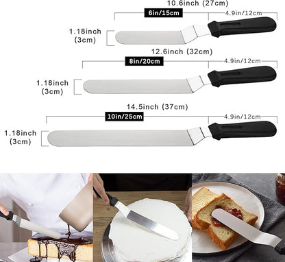 Frosting Spatula, Icing Spatula Set - 6", 8", 10" Stainless Steel Offset Cake Spatulas with Non-Slip Handle & 3 Cake Scrapers, Angled Baking & Frosting Decorating Tools
