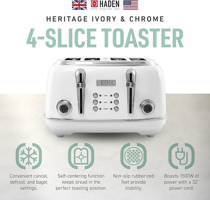 HADEN Heritage 4-Slice Toaster with Extra Wide Slots, 1500-Watt, Ivory & Chrome - Retro Stainless Steel Design with Self-Centering Function, Adjustable Browning Control & Removable Crumb Tray