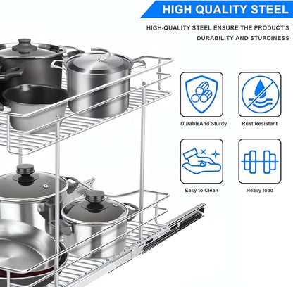 Fulgente Chrome Finish Pull Out Drawer Cabinet Organizer, Professional Wire Frame 2 Tier Heavy Duty Slide Out Kitchen Cabinet Storage Shelves, Sliding Drawer for Cabinet 11"W x 21"D