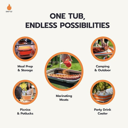 Drip EZ Collapsible BBQ Prep Tubs 3-Piece Set- For Meal Prep Marinating Food Storage - Includes Cutting Board & Lid - (1) JR - Orange + (1) OG - Orange + (1) XL - Black