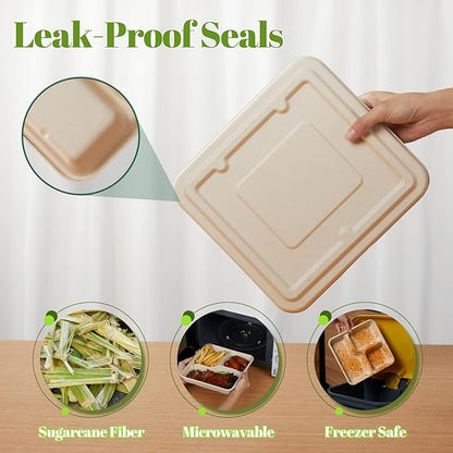 [100% Eco-Friendly] 3 Part Compartment Disposable Food Containers with Lids - Sugarcane Pulp Take Out Boxes, Biodegradable, Compostable, Microwave Safe Lunch Containers - Pack of 50 (Large)