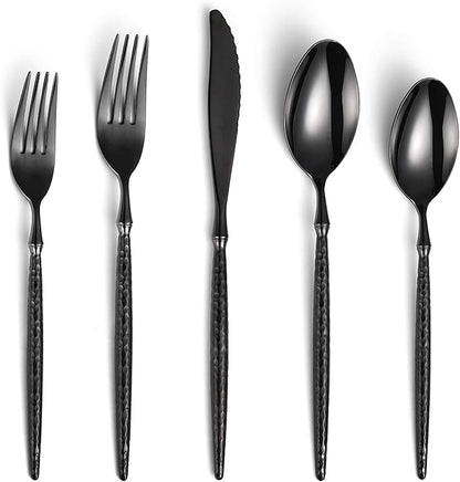 Lemeya 20-Piece Hammered Black Silverware Set,18/10 Stainless Steel Forging Heavy Duty Cutlery Set for 4, Luxury Unique Flatware Set,Spoons and Forks Set,Mirror Polished,Dishwasher Safe