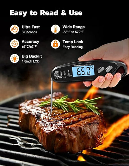 Instant Read Meat Thermometer Digital for Cooking & Grilling with Dual Probe, Big Backlit & Calibration, Food Thermometer for Grill, Smoker, BBQ, Oven, Oil Fry, Outdoor Kitchen Appliances