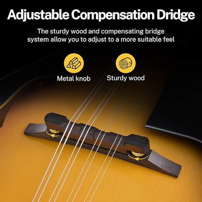 Donner A Style Mandolin Instrument Sunburst Beginner Adult Acoustic Mandolin Musical Instrument Mahogany 8 String, Bundle With Tuner String Bag Guitar Picks,DML-1