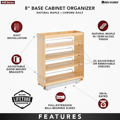 Rev-A-Shelf 8" Pullout Kitchen Cabinet Storage Organizer Slide Out Pantry Spice Rack with Adjustable Shelves for 8.5" W Cabinet Opening, 448-BC-8C